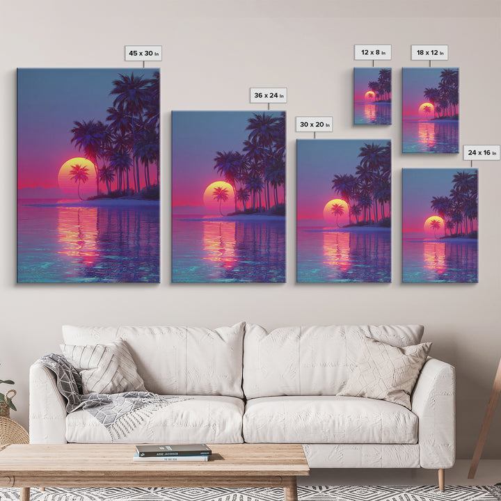 Vaporwave Tropical Sunset With Palm Trees Beach Reflection Canvas Print For Modern Home Decor Wall Art