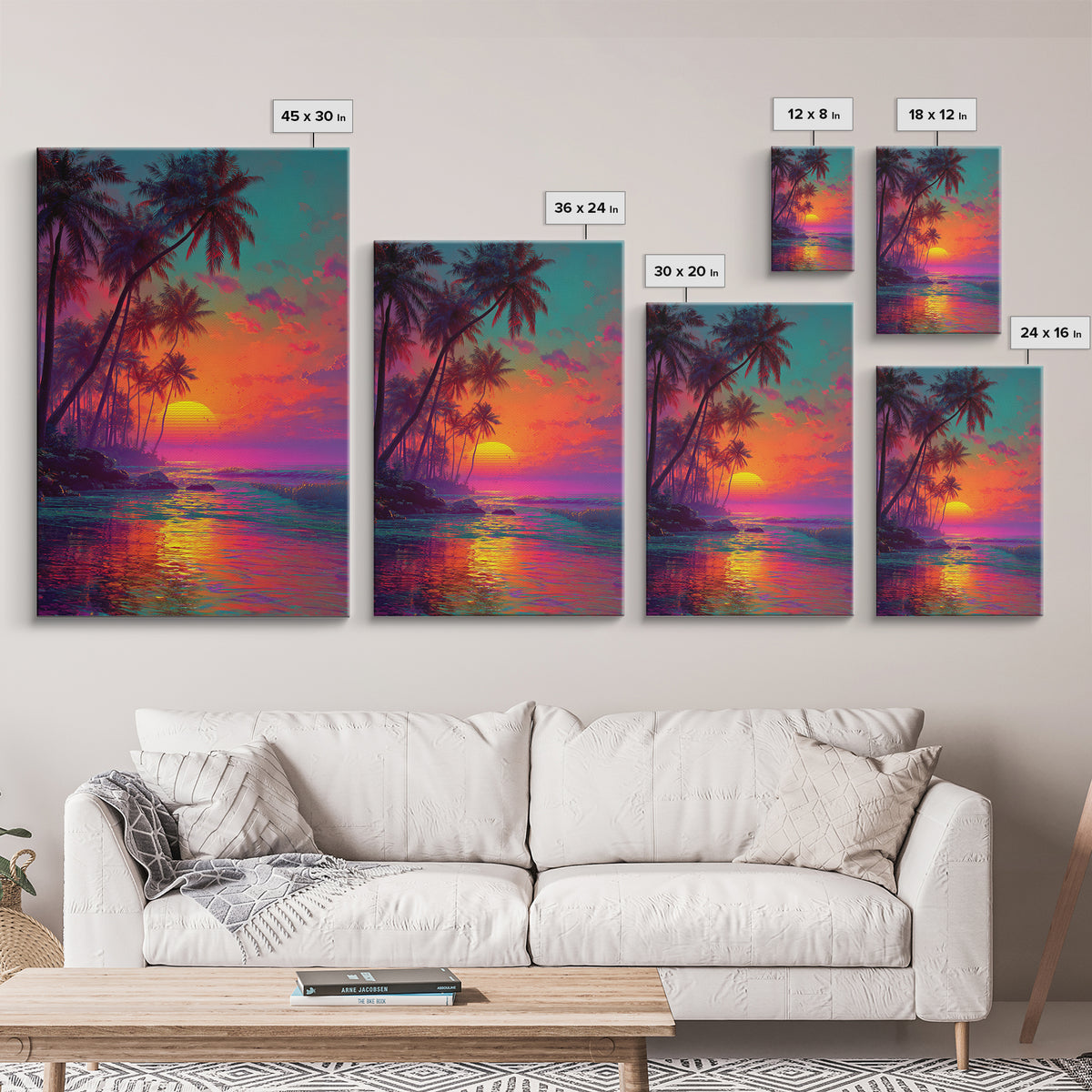 Vibrant Tropical Sunset With Palm Trees Over Ocean Framed Canvas Print Perfect For Coastal Home Decor