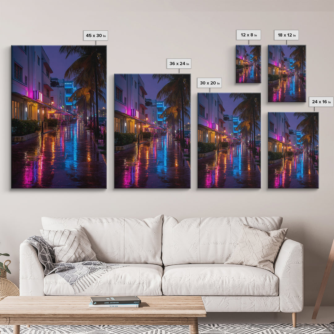 Vibrant Neon Miami Street Nightscape With Palm Trees Digital Wall Art Canvas Print For Chic Living Room Home Decor