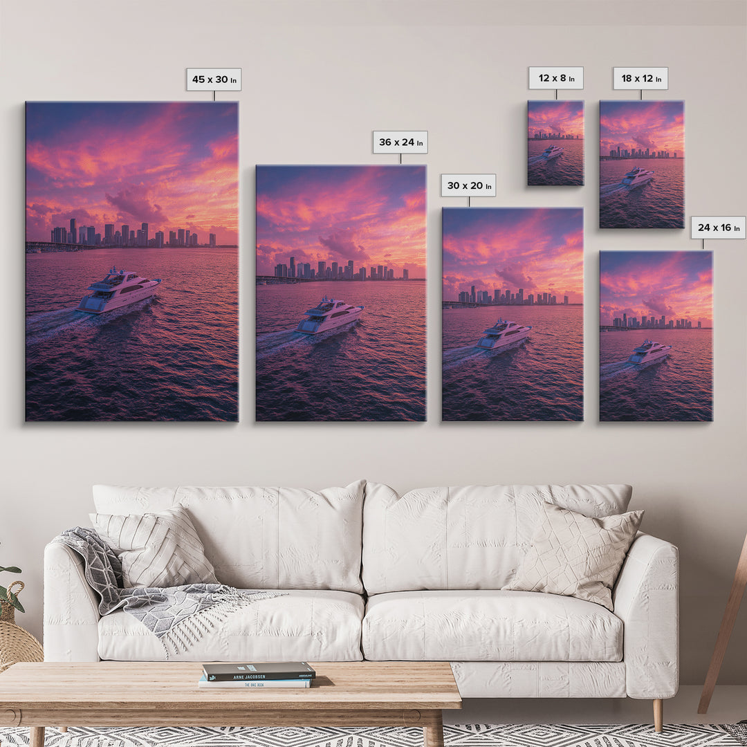 Luxury Yacht Sailing Into Stunning Miami Sunset Skyline Wall Art Framed Canvas Print For Living Room Decor