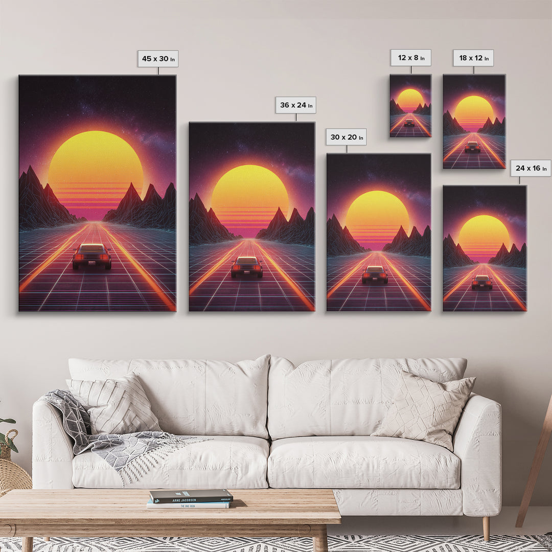 Vibrant Retro Futuristic Road Landscape Canvas Print With Neon Sunset And Car Driving Through Digital Mountains