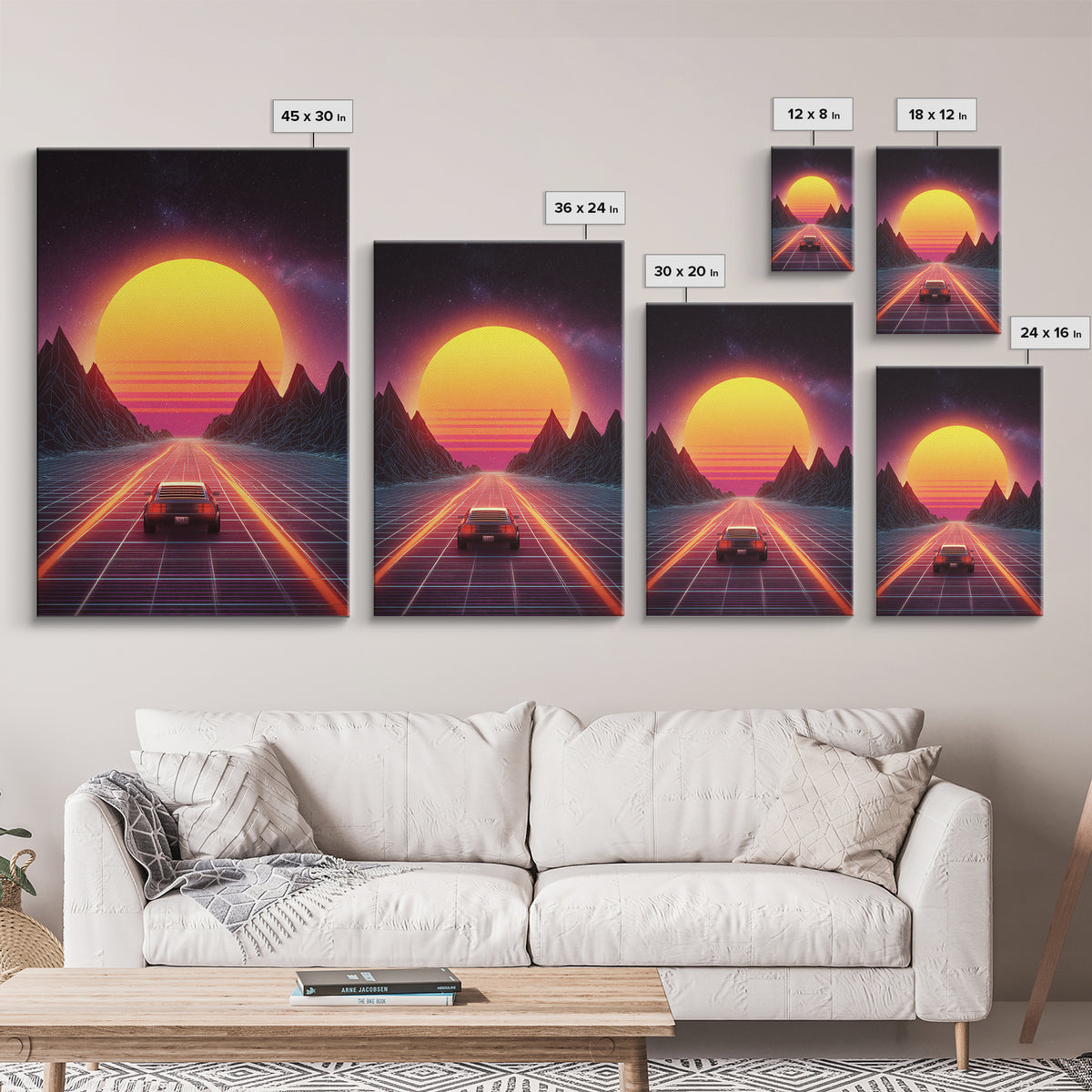 Vibrant Retro Futuristic Road Landscape Canvas Print With Neon Sunset And Car Driving Through Digital Mountains