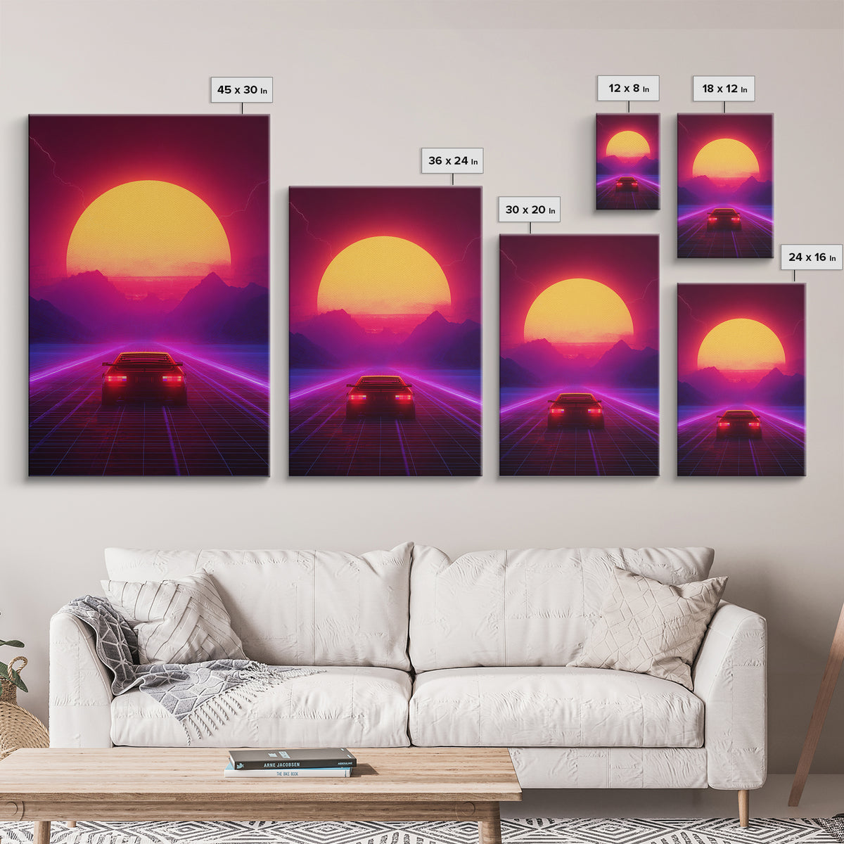 Synthwave Retro Neon Landscape With Sports Car And Palm Trees Under Glowing Sunset Canvas Print For Vaporwave Wall Art And Modern Decor