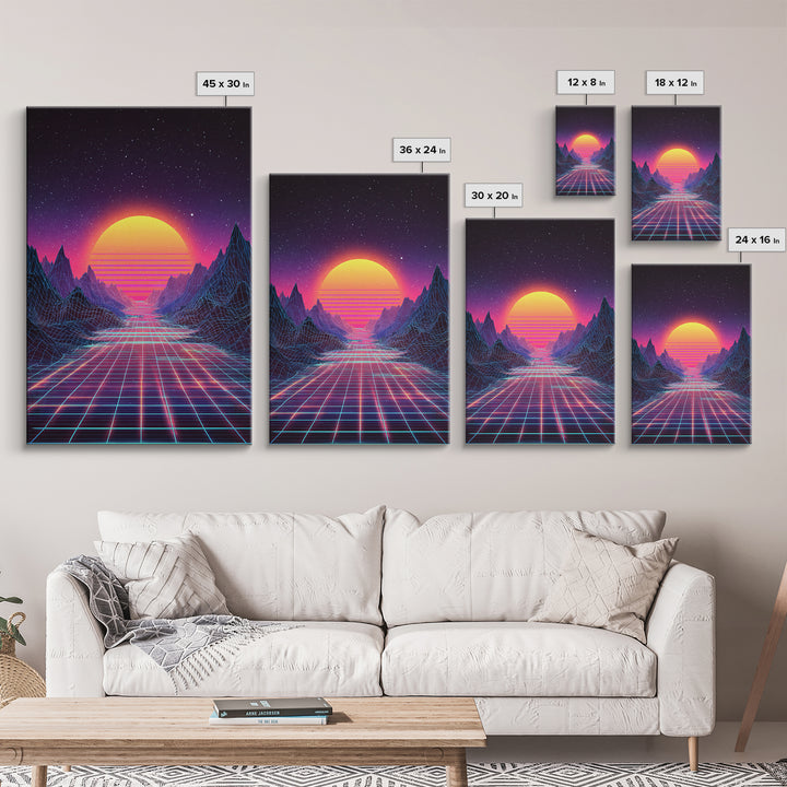 Retro Neon Landscape With Glowing Sun And Grid River Abstract Digital Wall Art Canvas Print For Modern Room