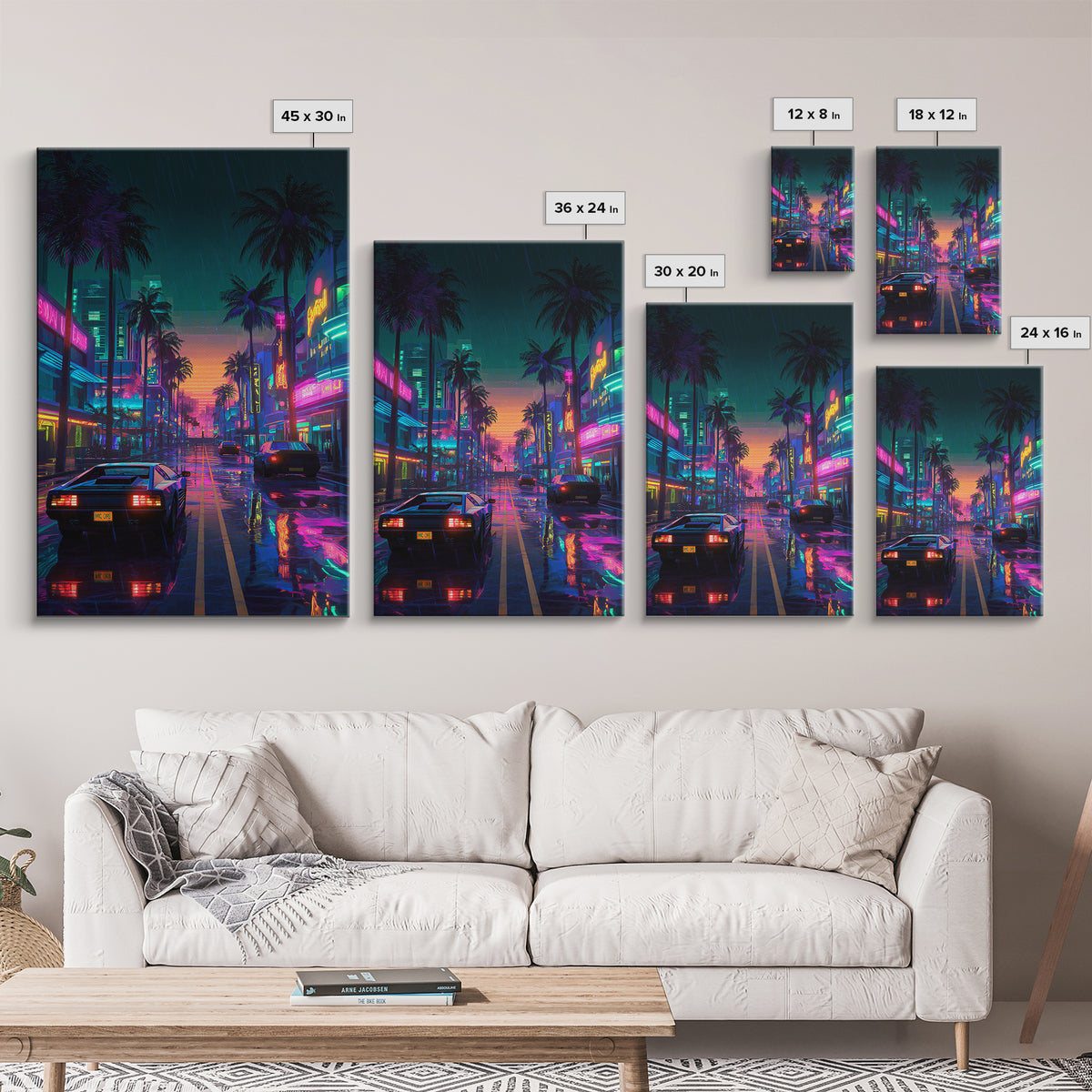 Neon City Rainy Night Street Retro Futuristic Art Print With Car Reflections And Palm Trees Canvas Print For Modern Wall Decor