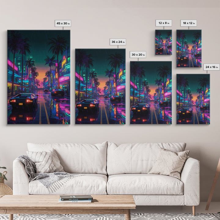 Neon City Rainy Night Street Retro Futuristic Art Print With Car Reflections And Palm Trees Canvas Print For Modern Wall Decor