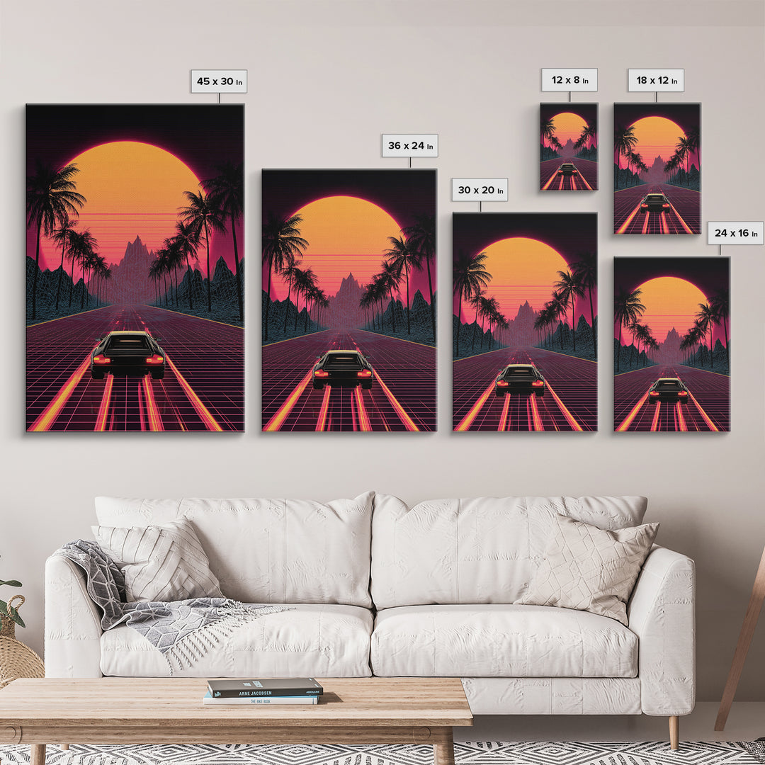 Retro Futuristic Neon Sunset Road With Laser Grid And Sports Car Canvas Print For Modern Wall Art Cyberpunk Decor And Gaming Room Decor