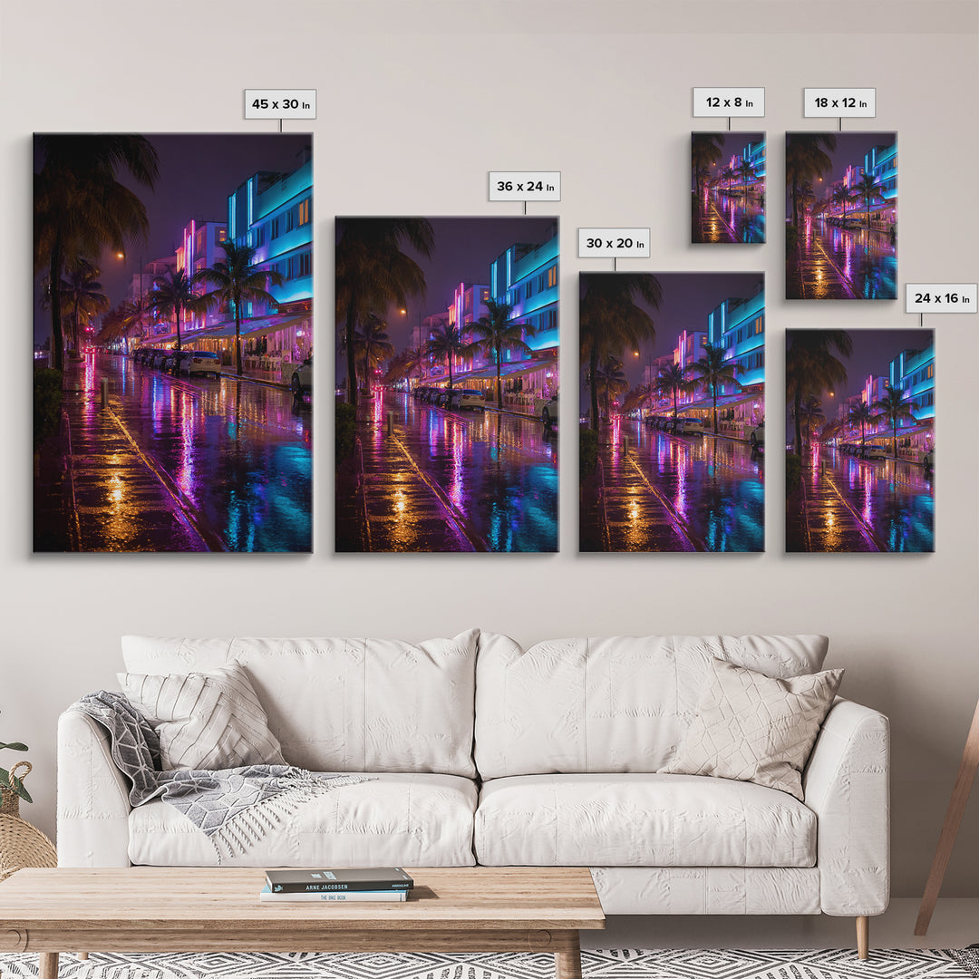 Neon City Street Rain Reflection Wall Art Vibrant Urban Nightscape Canvas Print For Modern Home Decor