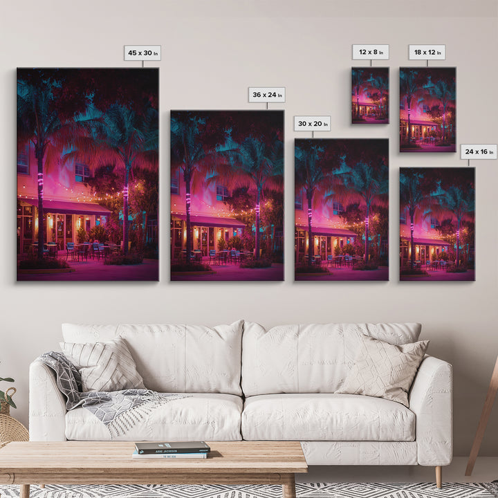 Vibrant Nighttime Tropical Outdoor Cafe Scene In Pink And Blue Modern Wall Art Canvas Print