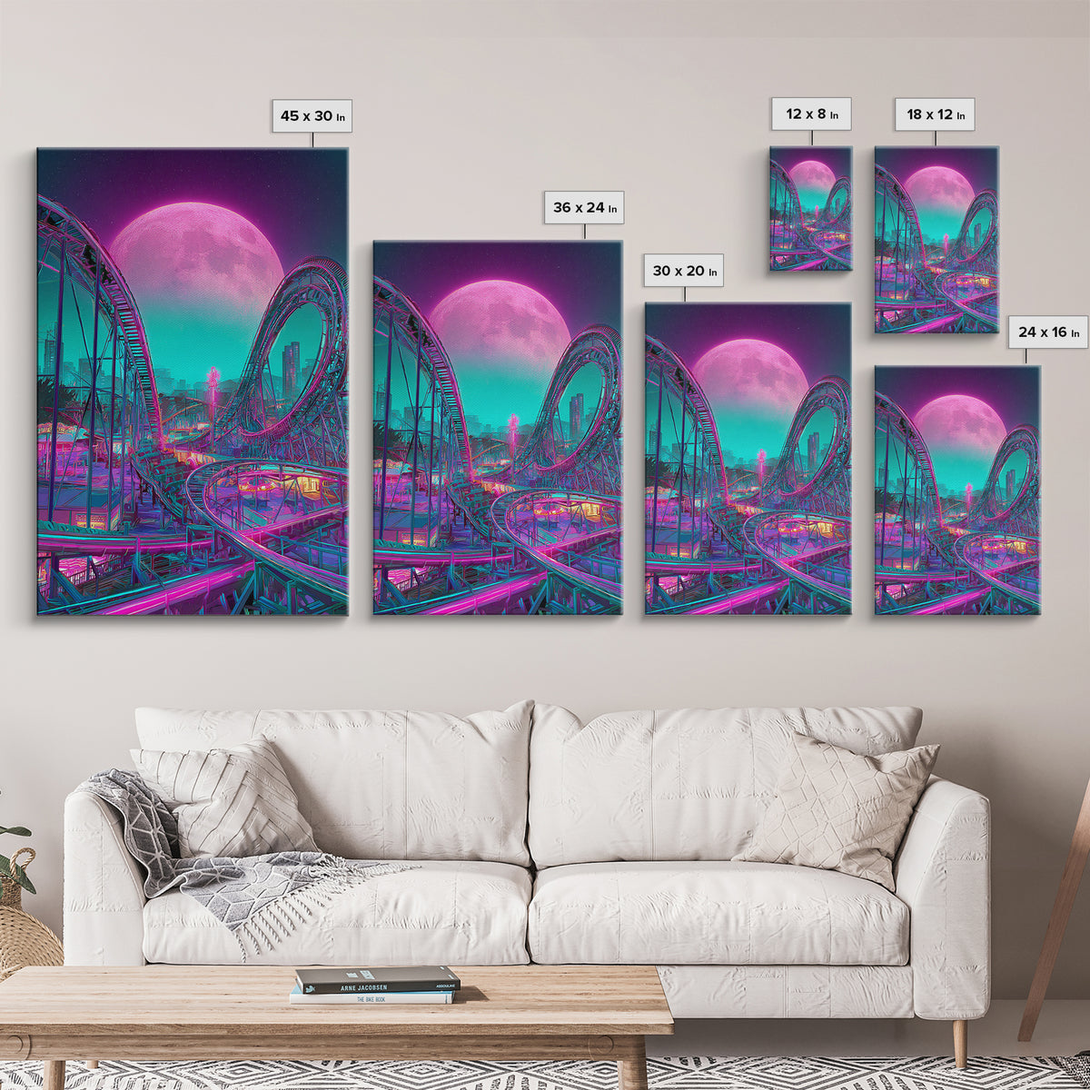 Vibrant Retro Futuristic Roller Coaster Scene With Neon Pink Moon Wall Art Canvas Print For Gamers Room Decor