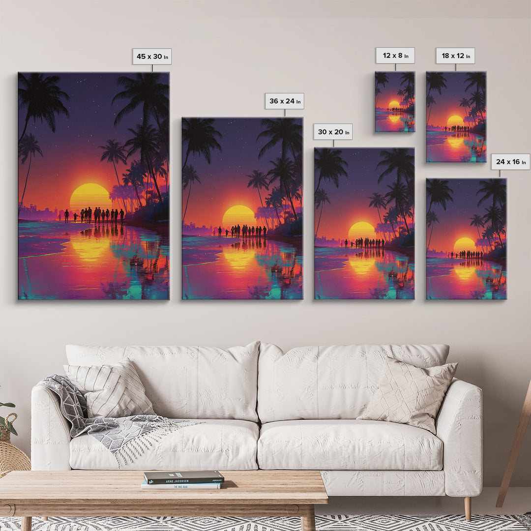 Modern Vibrant Sunset Beach Scene With People Silhouettes Wall Art Framed Canvas Print For Coastal Home Decor