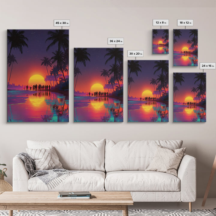 Modern Vibrant Sunset Beach Scene With People Silhouettes Wall Art Framed Canvas Print For Coastal Home Decor