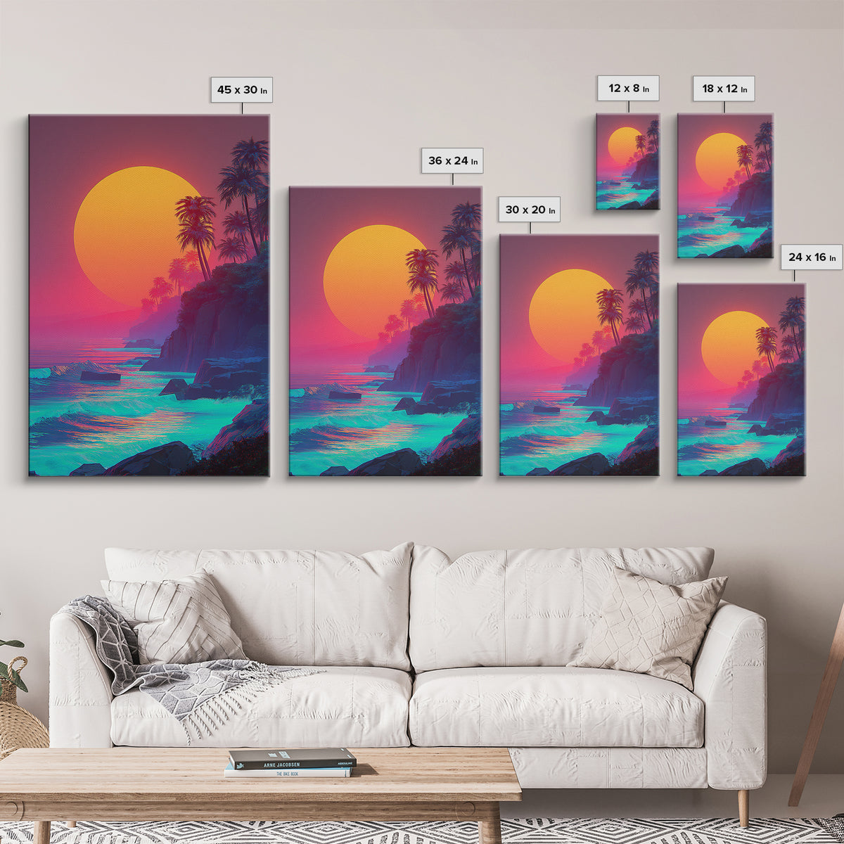 Vibrant Tropical Sunset With Palm Trees Ocean Coastline Digital Painting Canvas Print Modern Wall Art For Home Decor