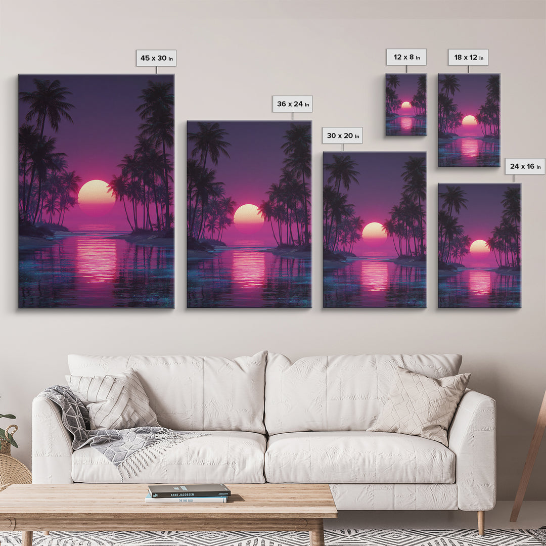 Gentle Pink Purple Tropical Sunset Over Calm Ocean With Palm Trees Wall Art For Relaxing Bedroom Decor