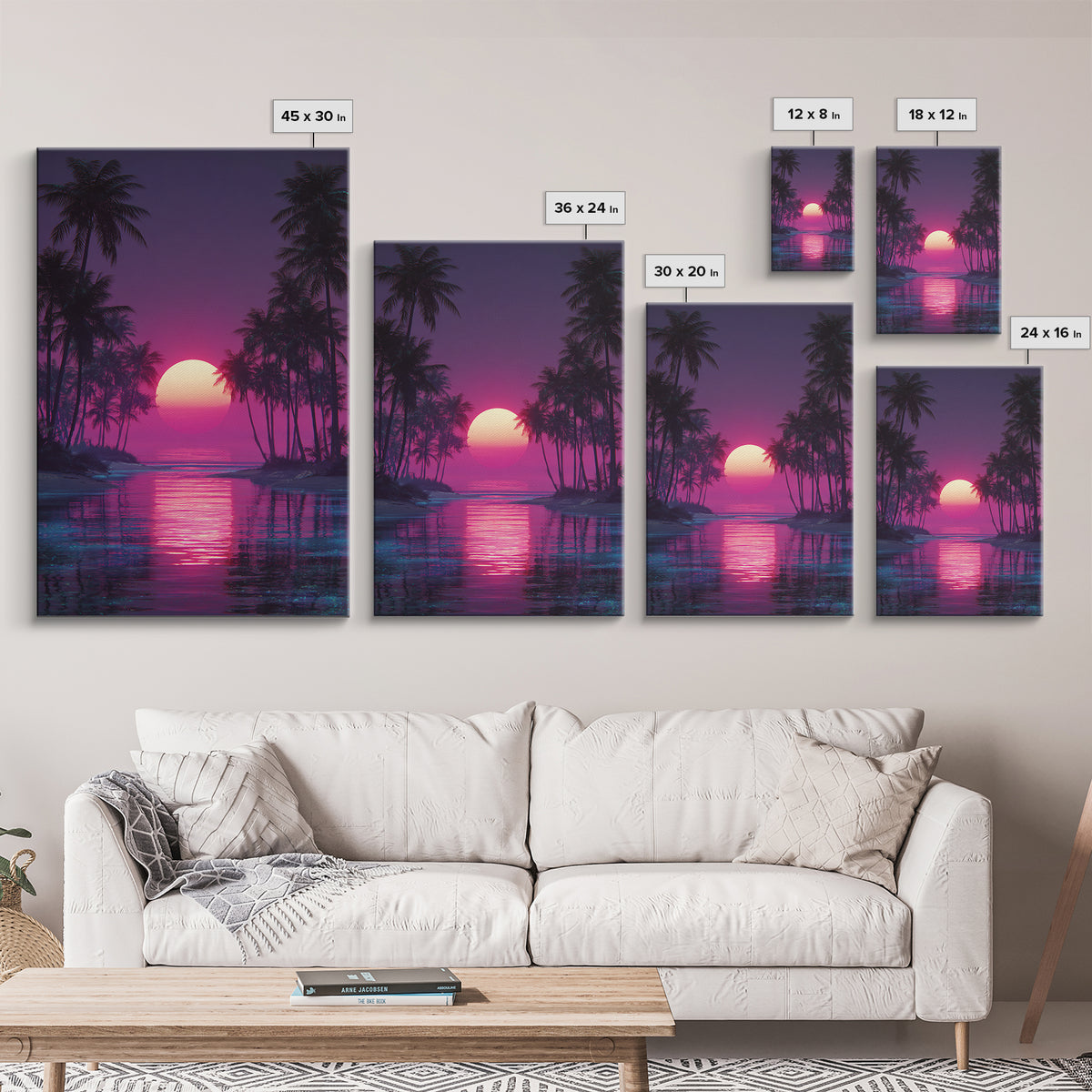 Gentle Pink Purple Tropical Sunset Over Calm Ocean With Palm Trees Wall Art For Relaxing Bedroom Decor