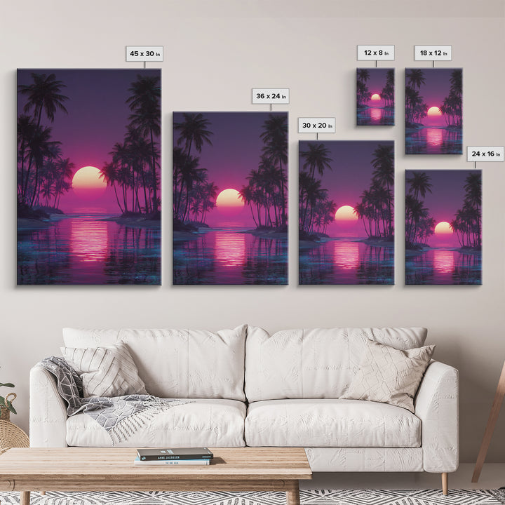 Gentle Pink Purple Tropical Sunset Over Calm Ocean With Palm Trees Wall Art For Relaxing Bedroom Decor