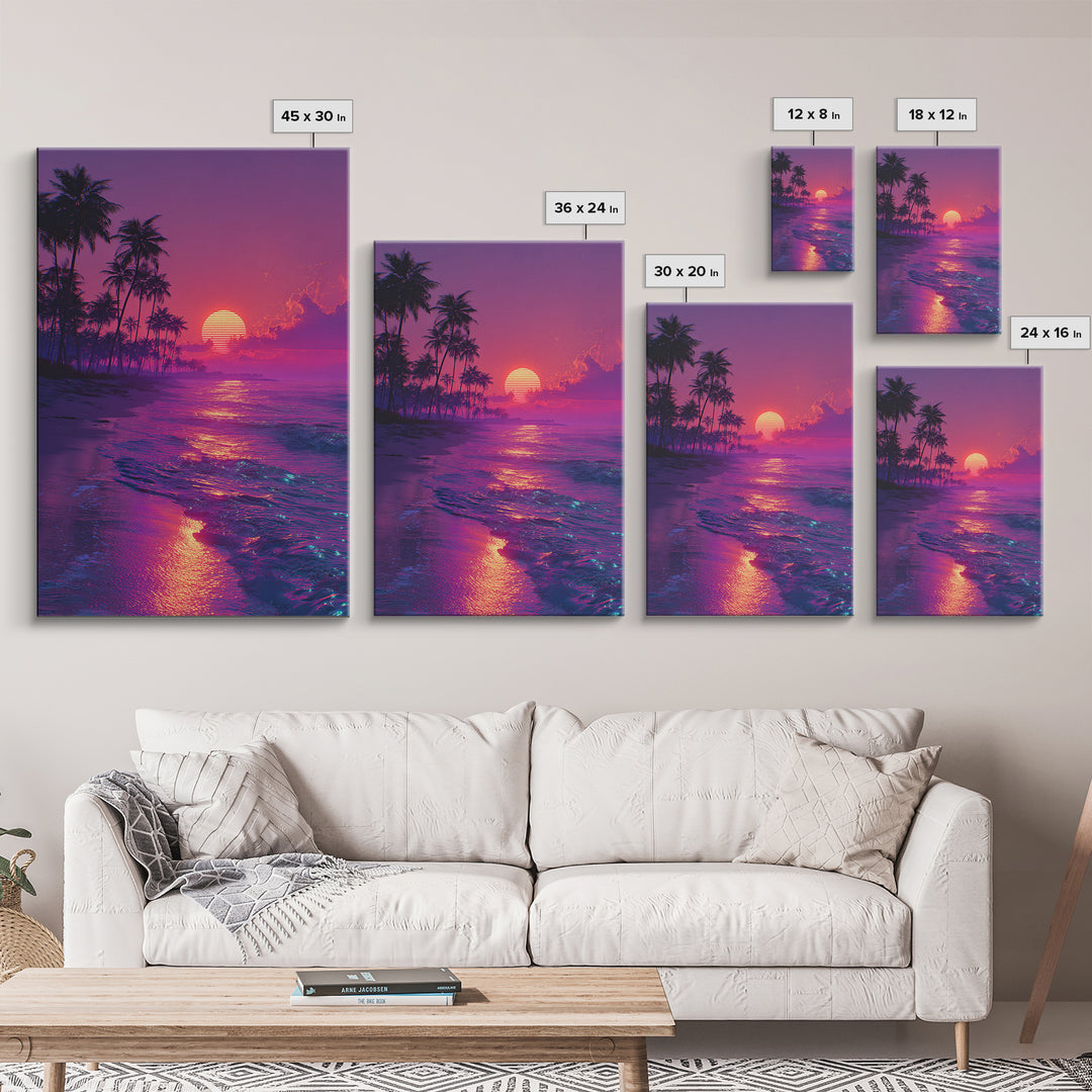 Vibrant Retro Sunset Beach Scene With Palm Trees Silhouettes Wall Art Canvas Print For Home Decor And Living Room
