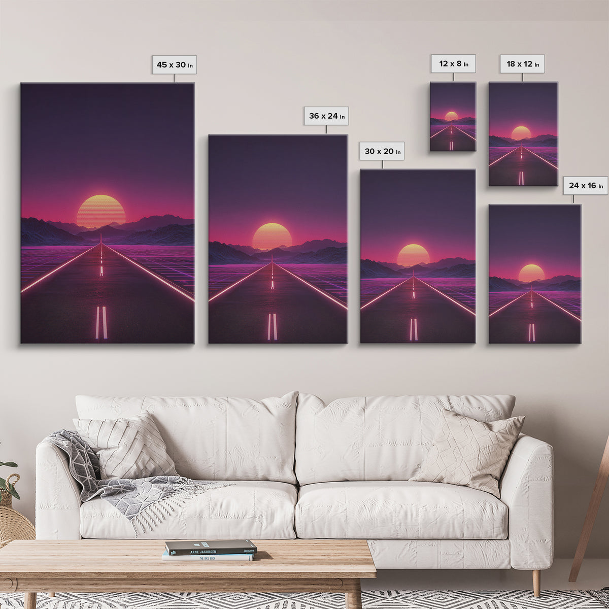 Offbeat Neon Retro Futuristic Road Sunset Digital Art Wall Art Canvas Print Trendy Modern Decor For Bedroom And Office
