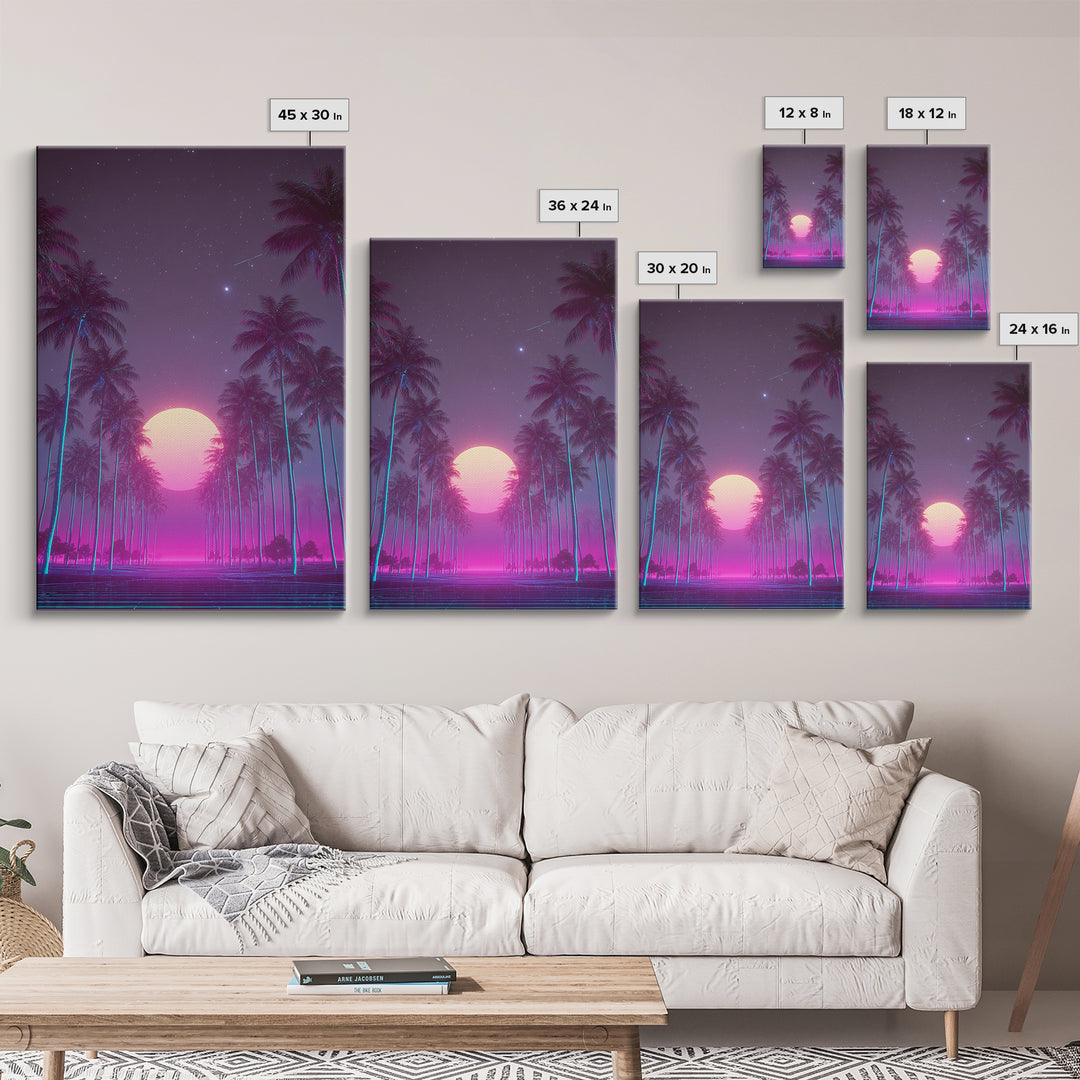 Retro Futuristic Neon Highway Leading To Large Vibrant Sun Over Palm Trees Digital Canvas Print Wall Art