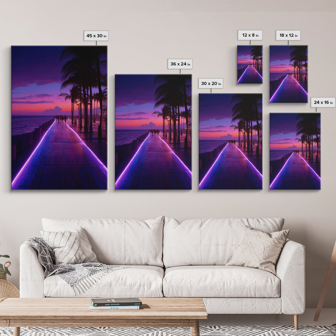 Neon Purple Boardwalk With Palm Trees At Twilight Coastal Photography - Canvas Print Modern Wall Art For Home Decor