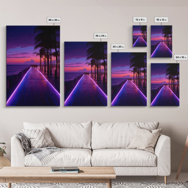 Neon Purple Boardwalk With Palm Trees At Twilight Coastal Photography - Canvas Print Modern Wall Art For Home Decor