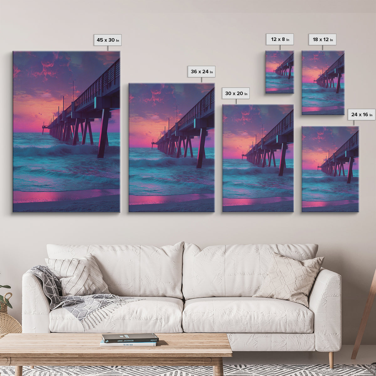 Mystical Purple And Blue Ocean Pier Sunset Wall Art Print For Beach House And Coastal Decor Canvas Print