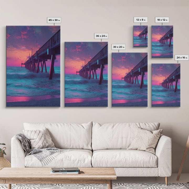Mystical Purple And Blue Ocean Pier Sunset Wall Art Print For Beach House And Coastal Decor Canvas Print