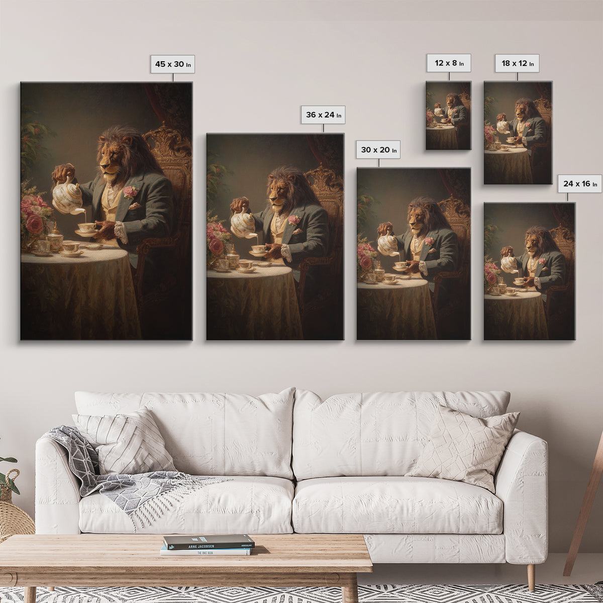 Regal Lion Pouring Tea In Victorian Parlor Canvas Print, Whimsical Animal Wall Art, Dark Academia Dining Room Decor Gift