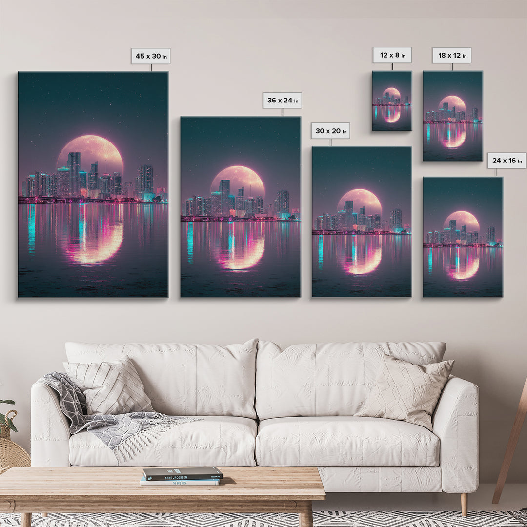 Giant Pink Moon Over Tropical Cityscape Sunset Urban Modern Wall Art Canvas Print
