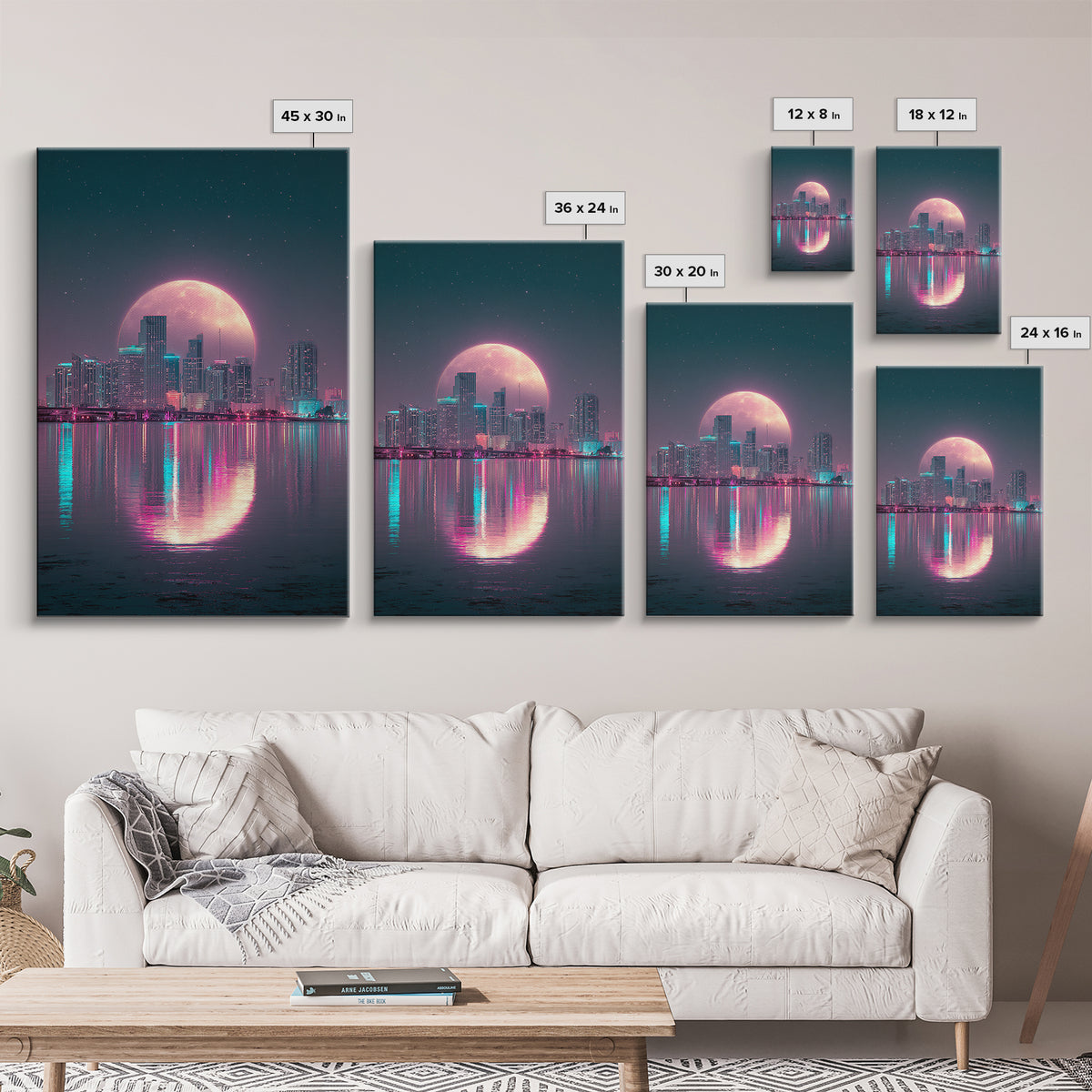 Giant Pink Moon Over Tropical Cityscape Sunset Urban Modern Wall Art Canvas Print