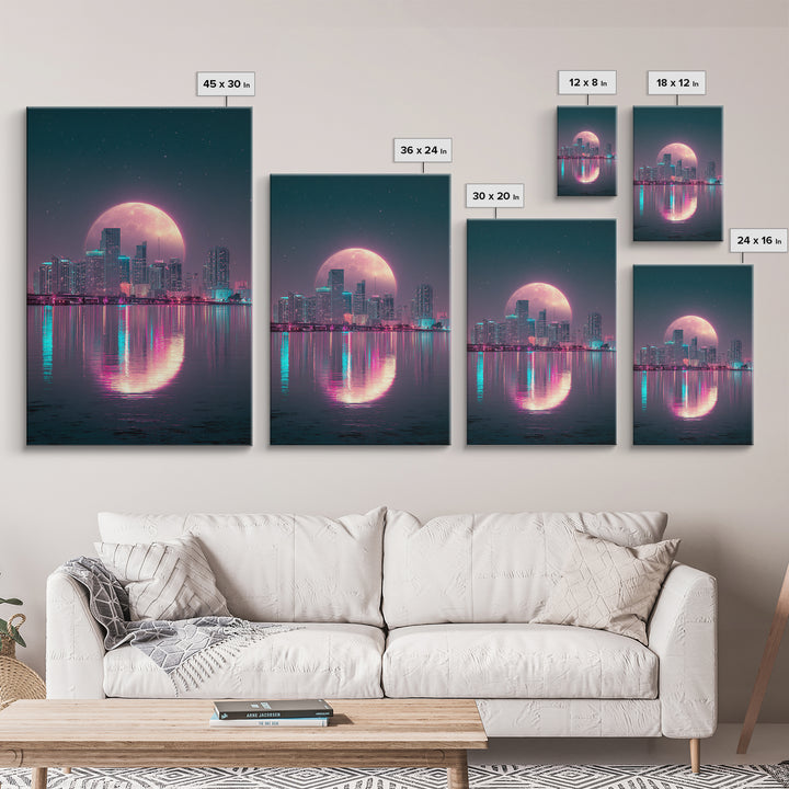 Giant Pink Moon Over Tropical Cityscape Sunset Urban Modern Wall Art Canvas Print