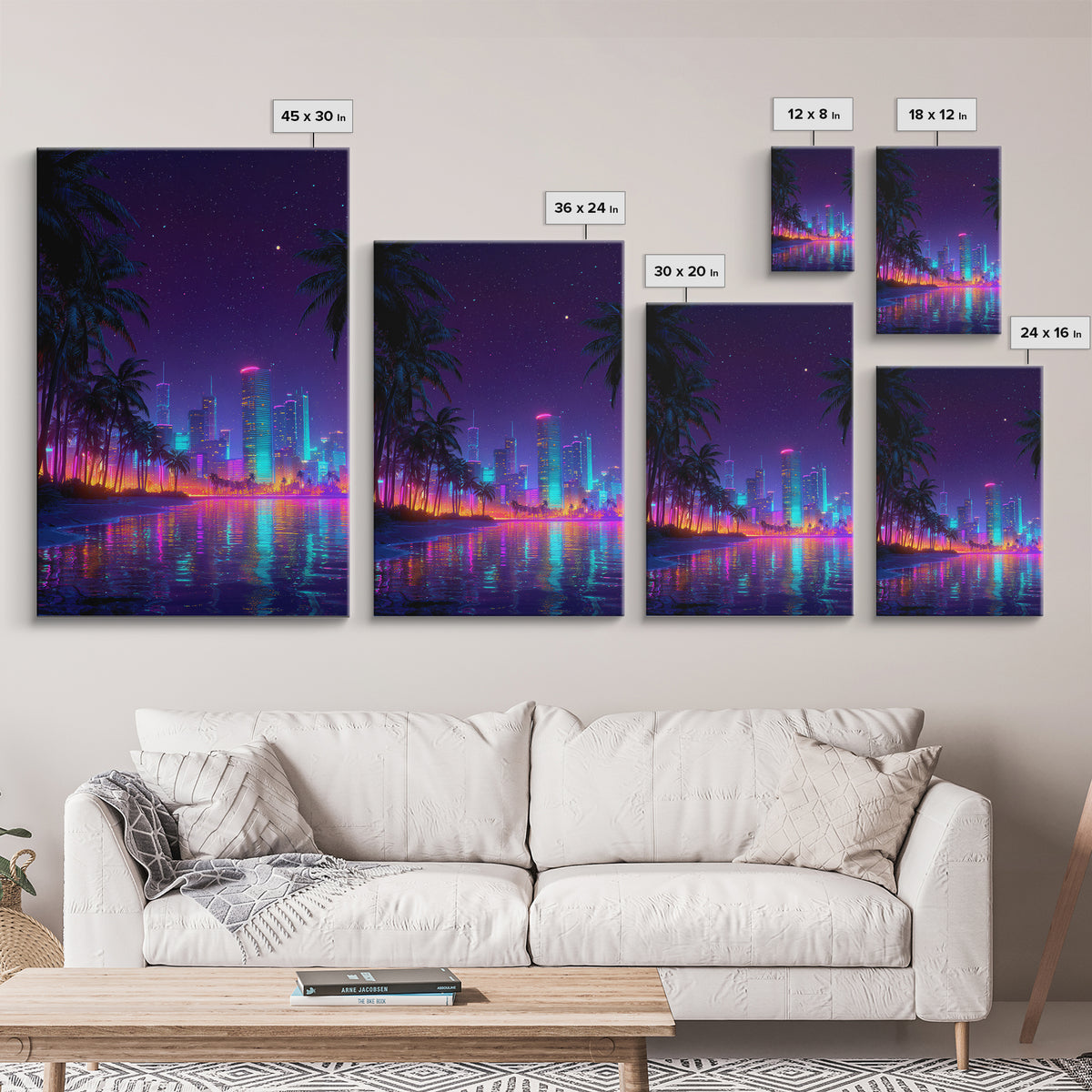 Neon Cityscape At Night With Reflections And Palm Trees Wall Art Framed Canvas Print For Modern Living Room Decor