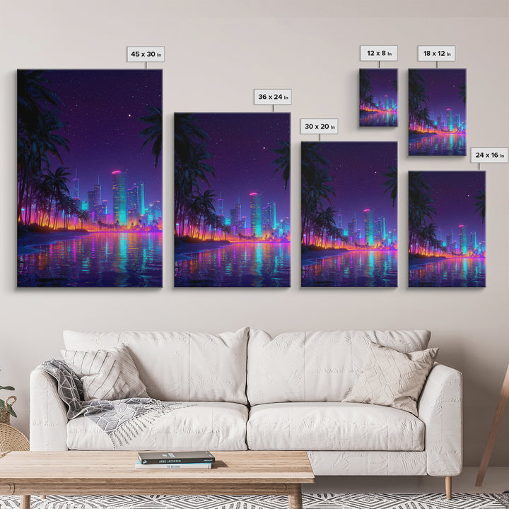 Neon Cityscape At Night With Reflections And Palm Trees Wall Art Framed Canvas Print For Modern Living Room Decor