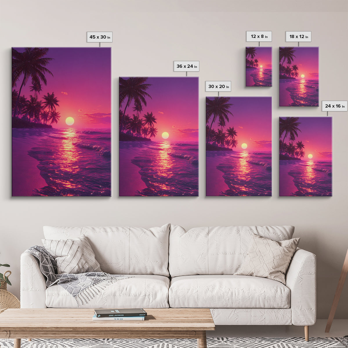 Tropical Sunset Beach Landscape Canvas Print With Pink Palm Trees And Ocean Waves Coastal Wall Art Home Decor For Living Room