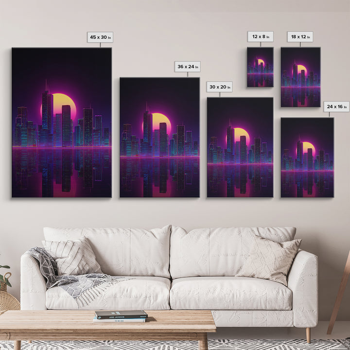 Futuristic Neon Cityscape With Purple And Pink Sunset Sci-Fi Wall Art Framed Canvas Print For Modern Living Room Decor