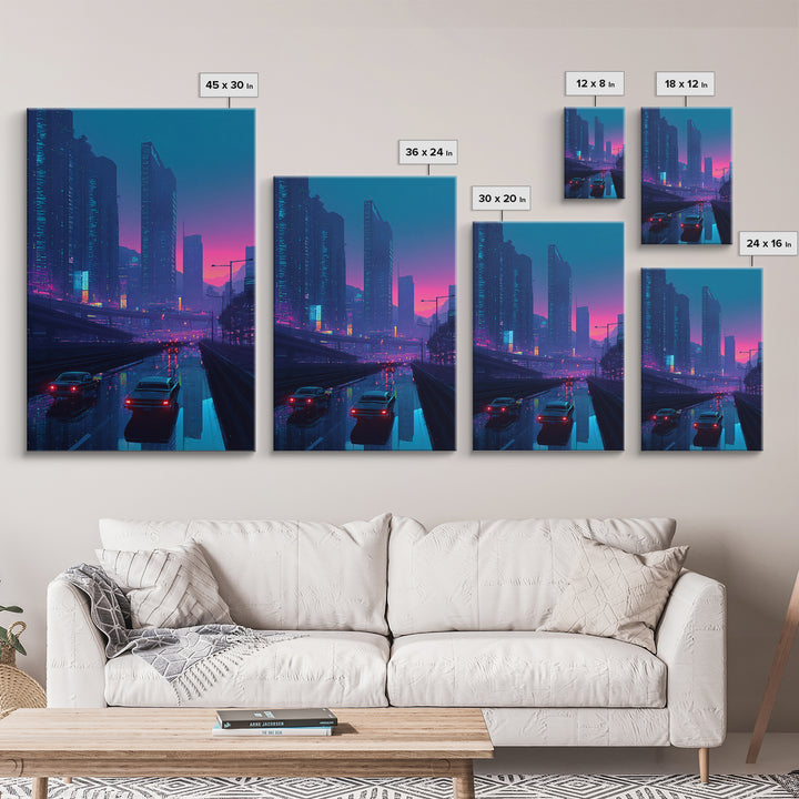 Cyberpunk Cityscape At Dusk With Neon Lights And Rain Reflections Modern Wall Art For Home Decor And Office