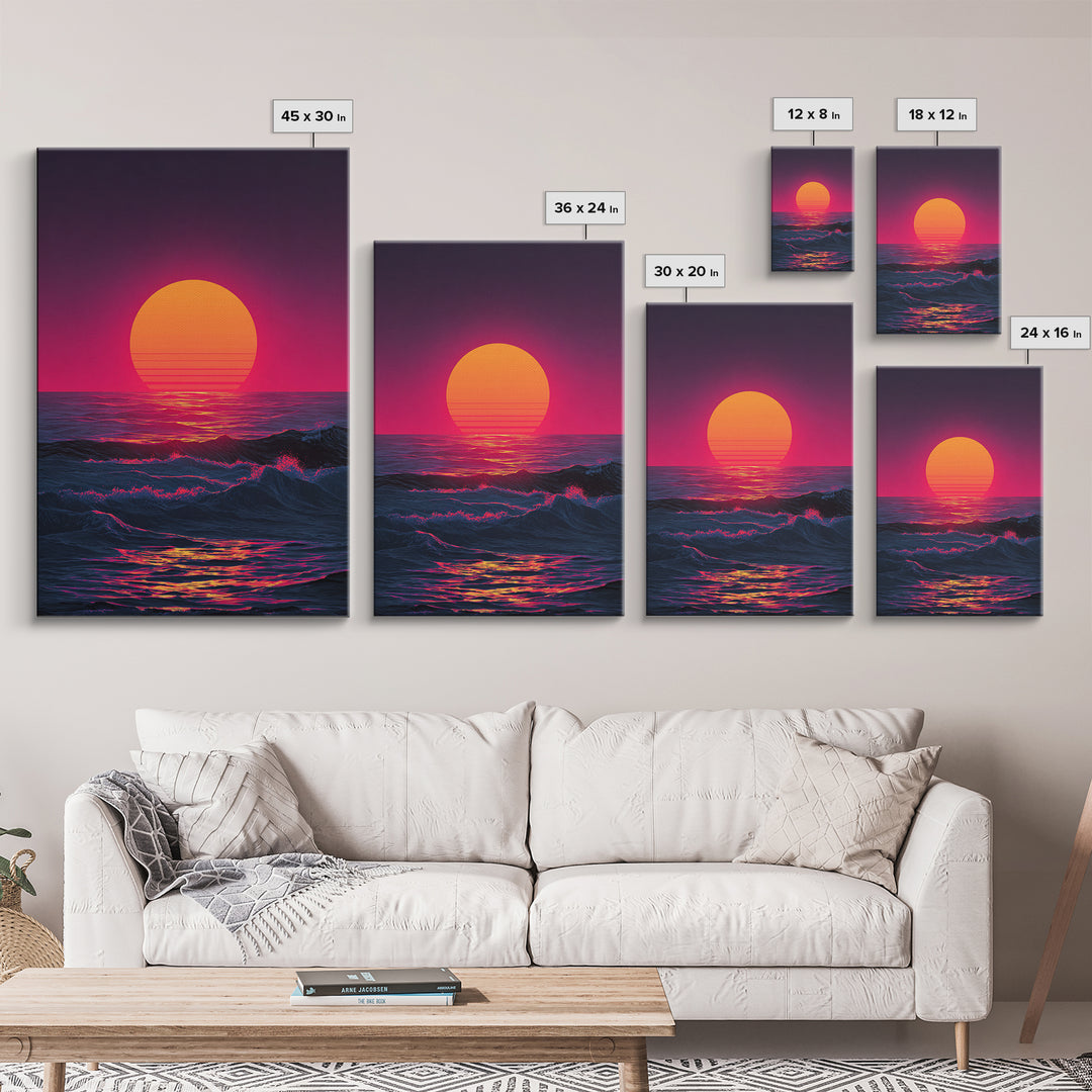 Vibrant Retro Abstract Neon Sunset Over Ocean Waves With Pink And Purple Horizon Wall Art Canvas Print For Bold Home Decor