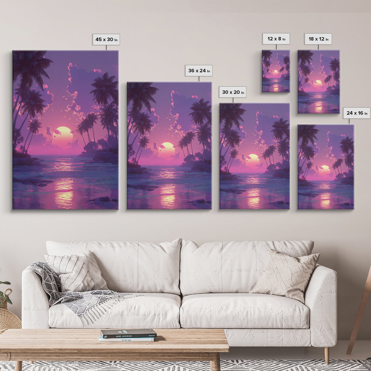 Peaceful Pink Purple Sunset Between Palm Trees Over Gentle Ocean Waves Framed Canvas Print For Home