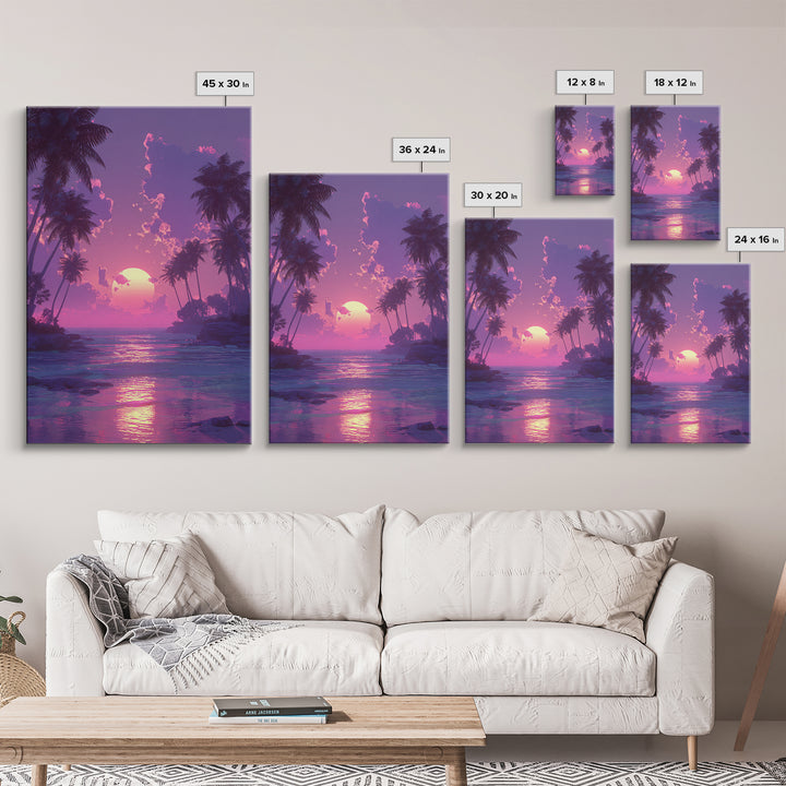 Peaceful Pink Purple Sunset Between Palm Trees Over Gentle Ocean Waves Framed Canvas Print For Home