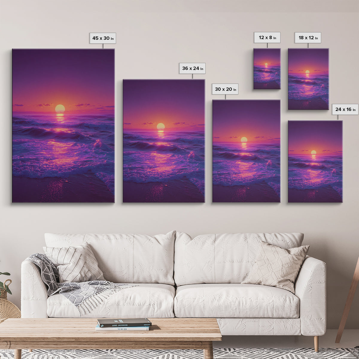 Surreal Ocean Sunset With Deep Purple And Pink Hues Canvas Print For Bedroom Wall Art And Coastal Home Decor