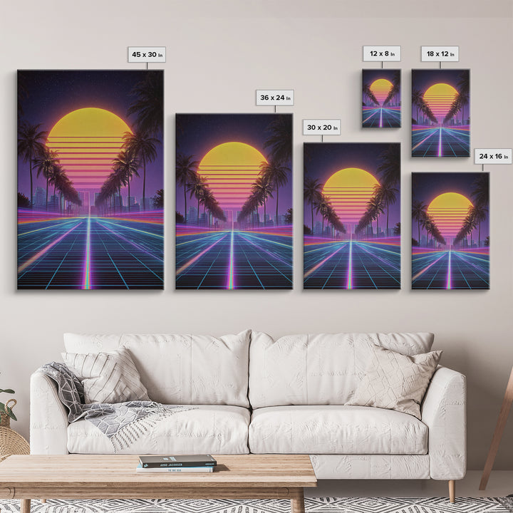 Retro Sunset Over Neon Cityscape With Palm Trees Digital Wall Art Framed Canvas Print Modern Wall Decor