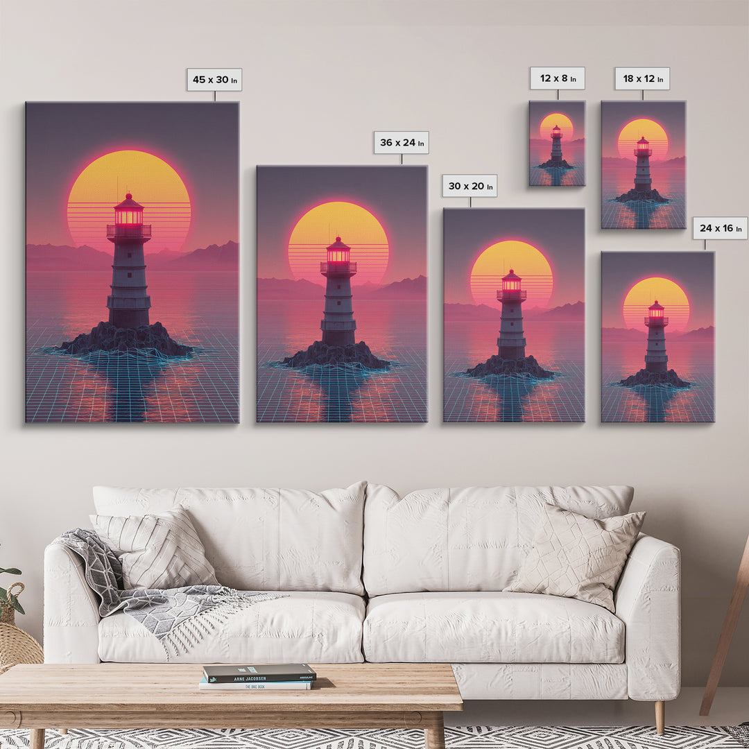 Retro Futuristic Neon Sunset Lighthouse Cityscape Digital Art Vibrant Large Wall Art Framed Canvas Print Modern Decor
