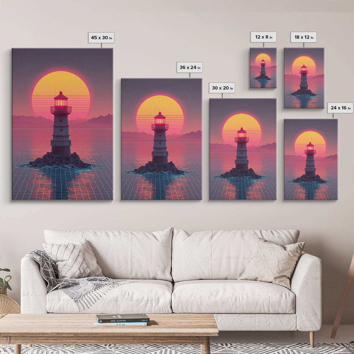 Retro Futuristic Neon Sunset Lighthouse Cityscape Digital Art Vibrant Large Wall Art Framed Canvas Print Modern Decor