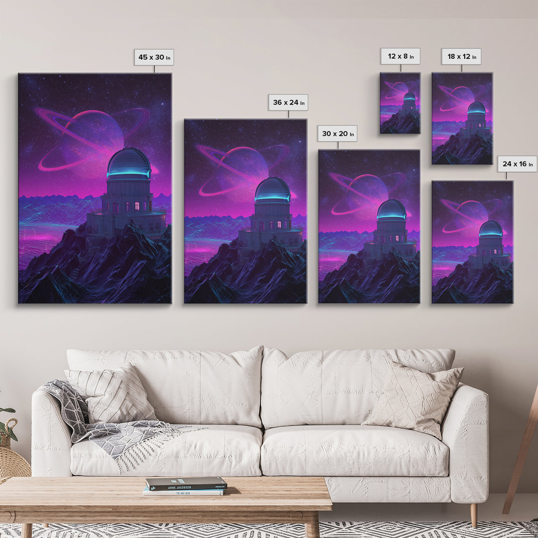 Futuristic Neon Space Observatory With Glowing Planet Against Starry Sky Wall Art Canvas Print For Sci Fi Decor