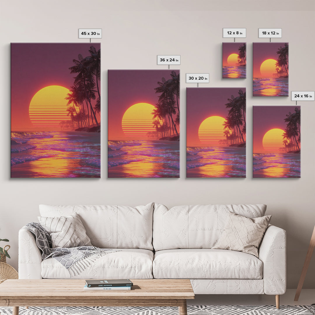 Bright Neon Orange Sun Over Tropical Beach Palm Trees With Stunning Waves Canvas Print Vibrant Modern Wall Art For Home