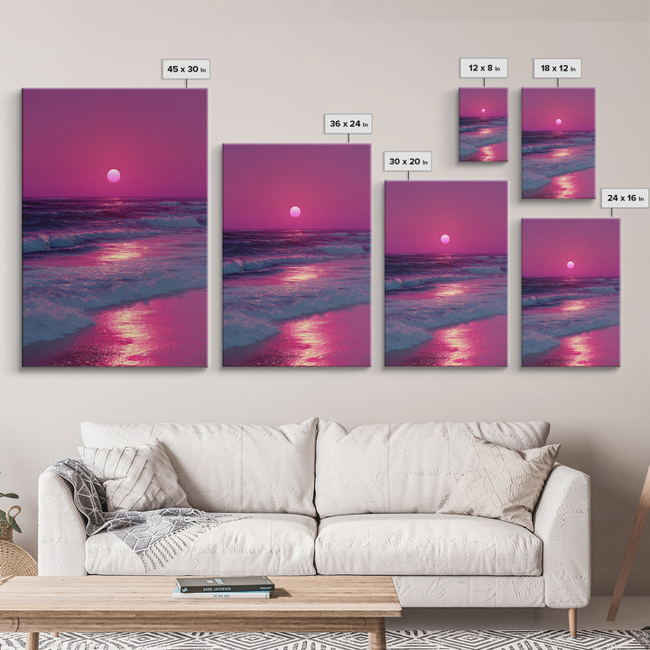 Vibrant Pink Sunset Over Ocean Waves With Reflective Light Coastal Wall Art Canvas Print For Beach House