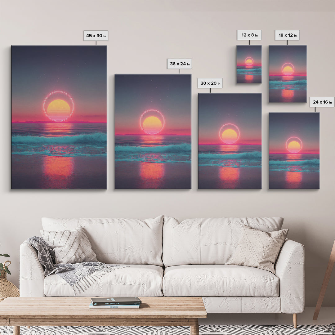 Digital Neon Sunset Ocean With Circular Glow Abstract Waves Modern Wall Art Large Framed Canvas Print Coastal Decor