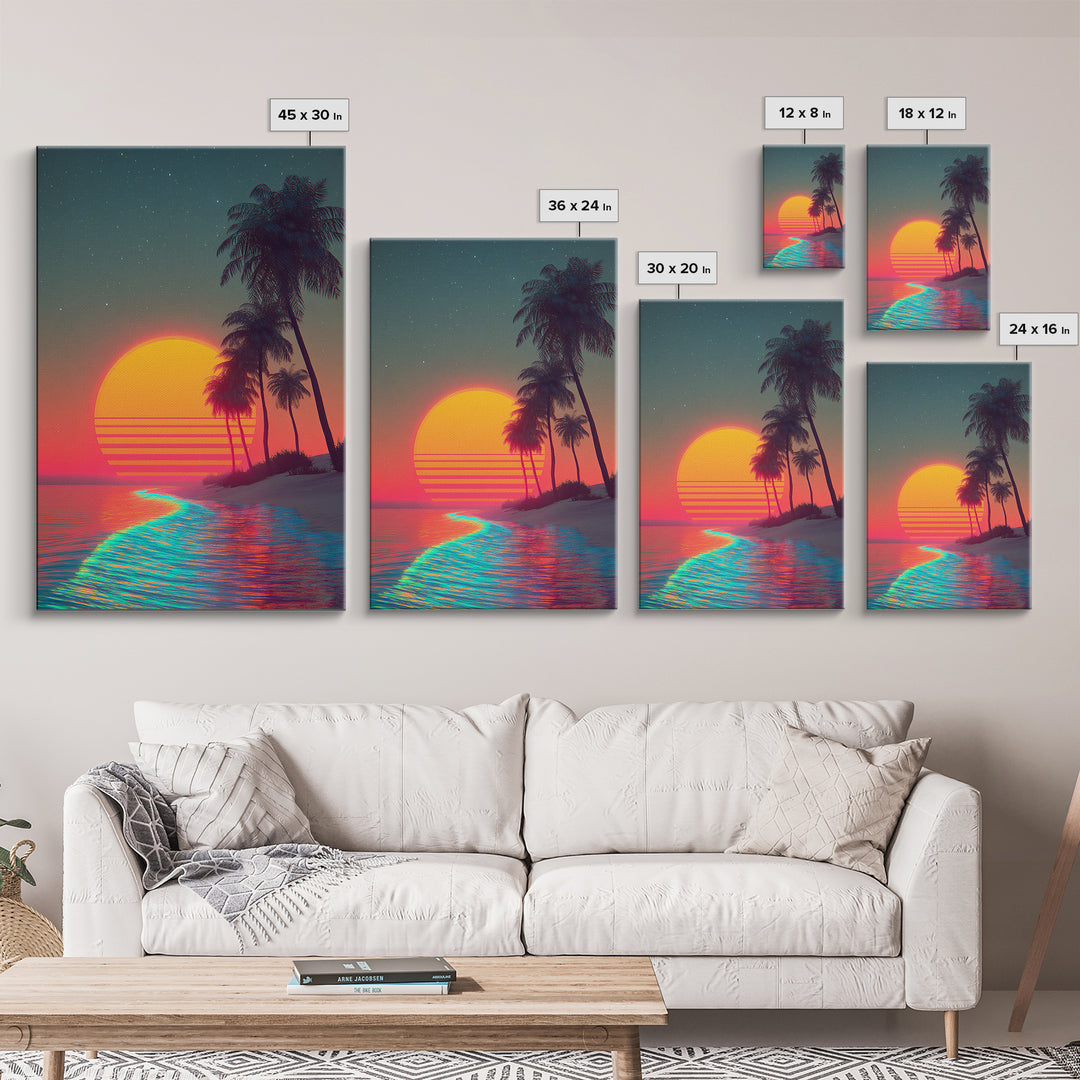 Retro Sunset Beach Landscape With Vibrant Neon Ocean Waves And Palm Trees Canvas Print For Modern Coastal Home Decor