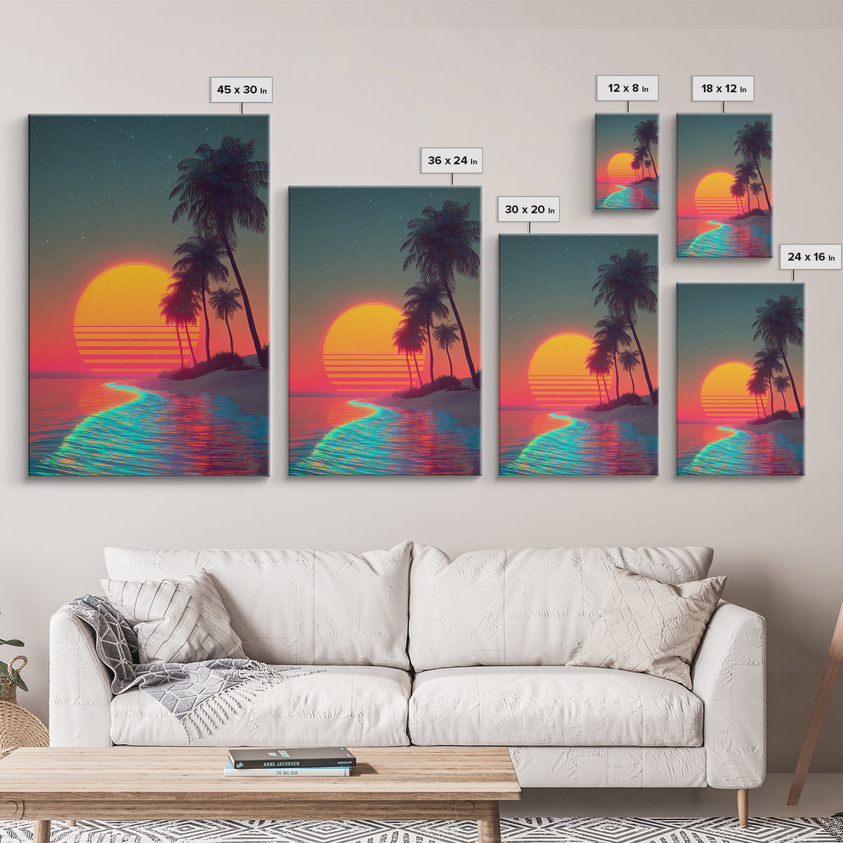 Retro Sunset Beach Landscape With Vibrant Neon Ocean Waves And Palm Trees Canvas Print For Modern Coastal Home Decor