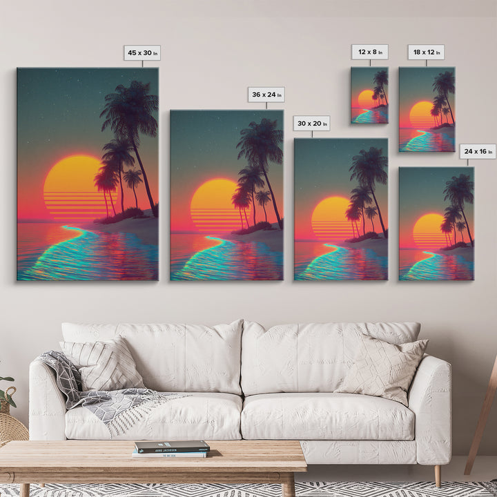 Retro Sunset Beach Landscape With Vibrant Neon Ocean Waves And Palm Trees Canvas Print For Modern Coastal Home Decor